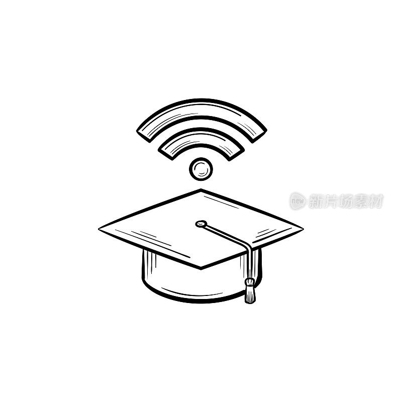 Graduation cap with network wifi sign sketch icon